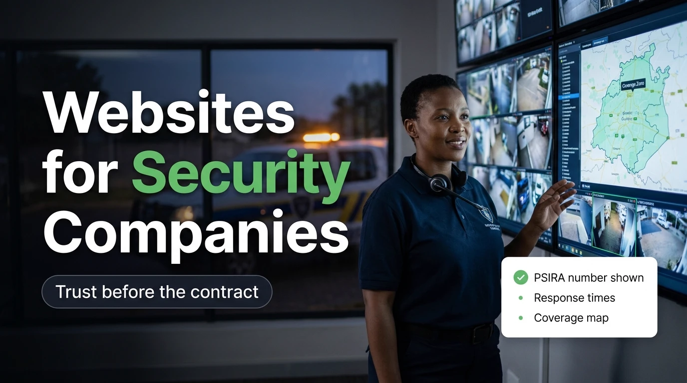 Security company operations manager standing in a control room beside CCTV monitors and a coverage-zone map
